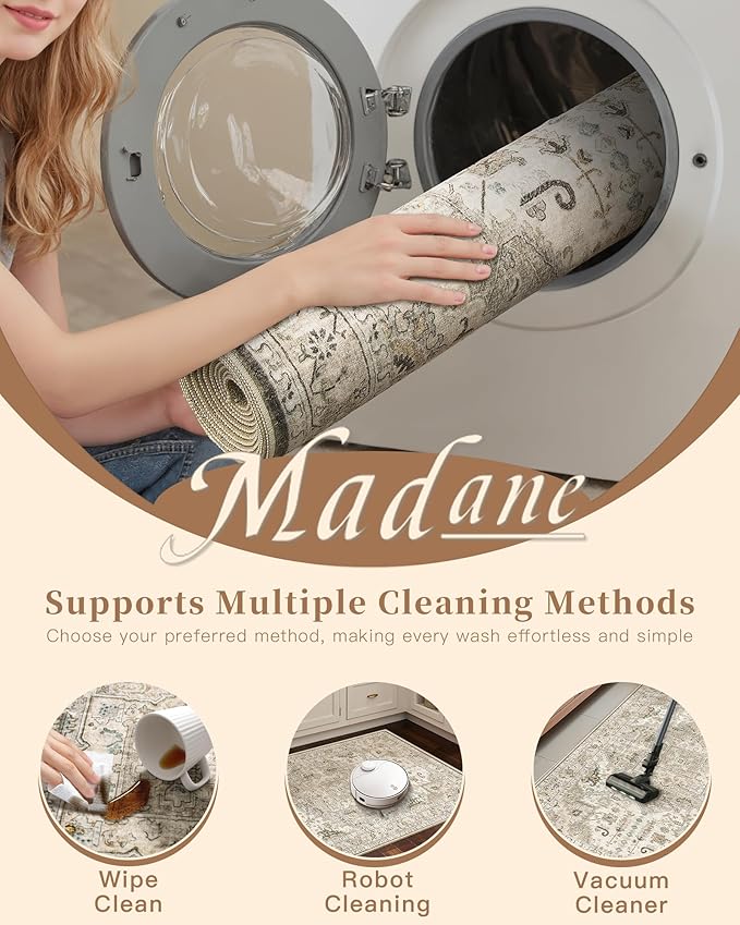 Madane 6x9 Area Rugs for Living Room, Stain Resistant Washable Rugs, Non-Slip Backing Area Rug, Vintage Home Decor Rug for Bedroom (Ivory/Brown, 6'x9')