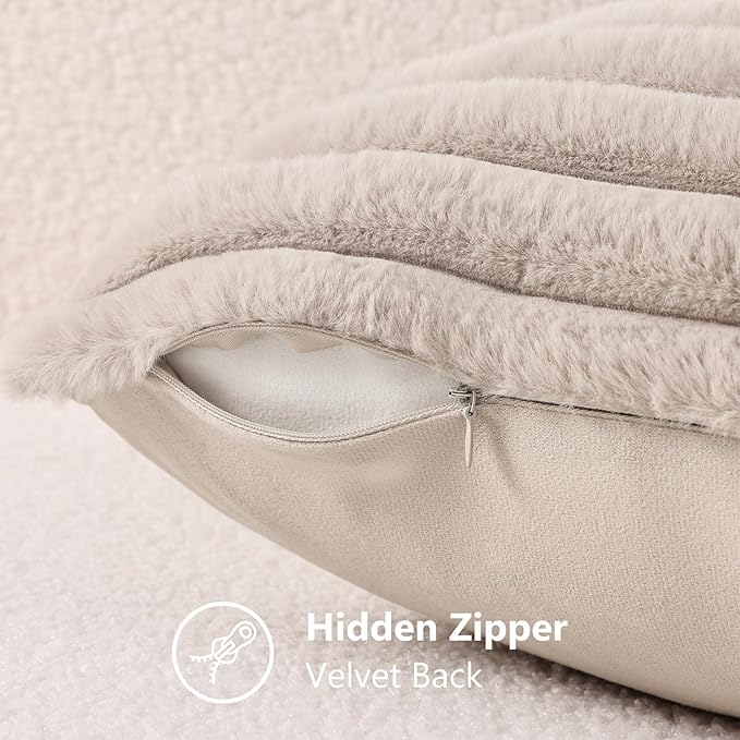decorUhome Cozy Faux Fur Throw Pillow Covers 12x20 Set of 2 Decorative Soft Plush Striped Lumbar Modern Farmhouse Boho Couch Pillow Cases with Velvet Back for Sofa Bed Living Room, Tan