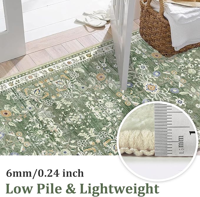 Yamaziot Washable Runner Rug 2x5 – Non Slip Boho Floral Hallway Runner Rug with Rubber Backing, Low Pile Faux Wool Distressed Carpet for Kitchen, Laundry, Bedroom, Entrance, Green