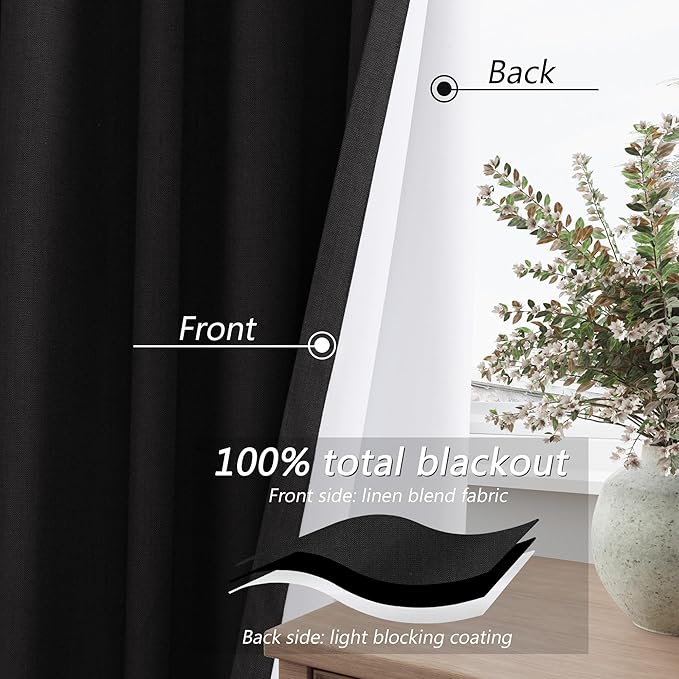 Guken Black 100% Blackout Curtains 96 Inch Length 2 Panels Set for Living Room Bedroom Back Tab Thermal Insulated Black Out Linen Drapes Room Darkening Window Curtains 96 Inches Long