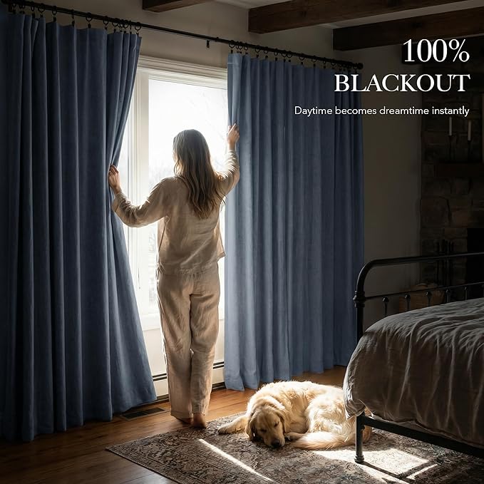 RYB HOME Linen Texture Curtains for Bedroom, 100% Blackout Thermal Insulated Curtains, Rod Pocket&Back Tab Room Darkening Drapes Luxury Decor for Living Room Nursery, W52xL90g, 2 Panels, Smoky Blue