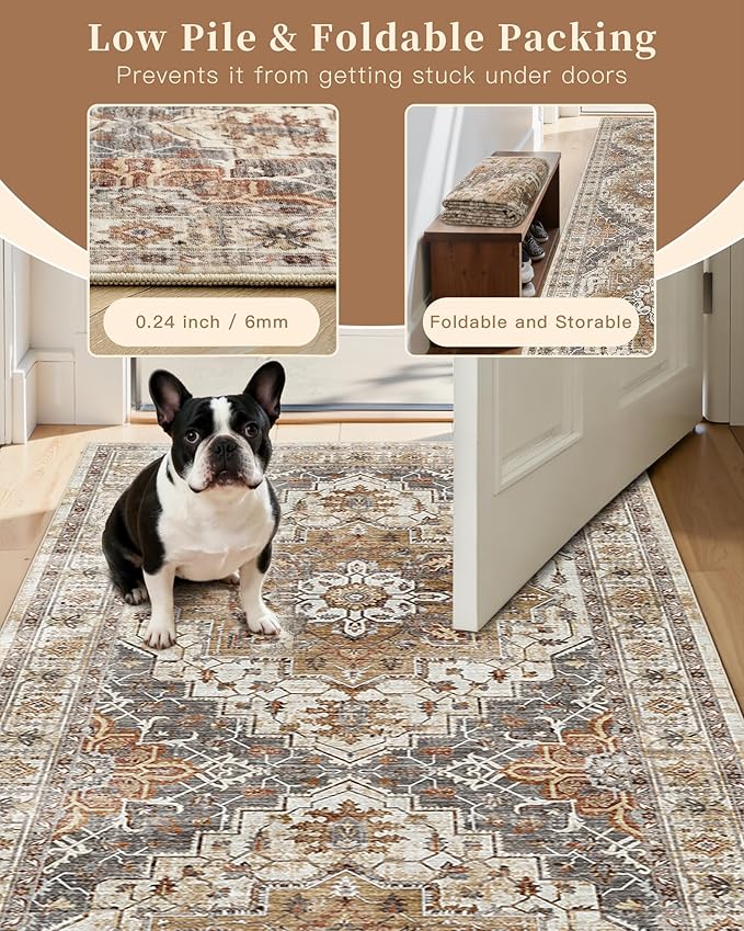 Madane Hallway Runner Rug 2'6''x16' Kitchen Runner - Non Slip Vintage Runners for Hallways Washable Soft Low Pile 2.5x16 ft Rug Runner for Laundry Room, Entryway and Bedroom, Turmeric/Grey
