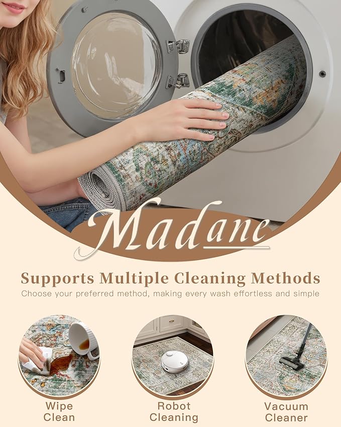 Madane Washable Runner Rug - 2x6 Rug Runners for Hallways 6 Feet Non Slip Vintage Kitchen Runner Rug Ultra-Thin Bathroom Runner Rugs Carpet Laundry Room Bedroom (2x6ft, Green)
