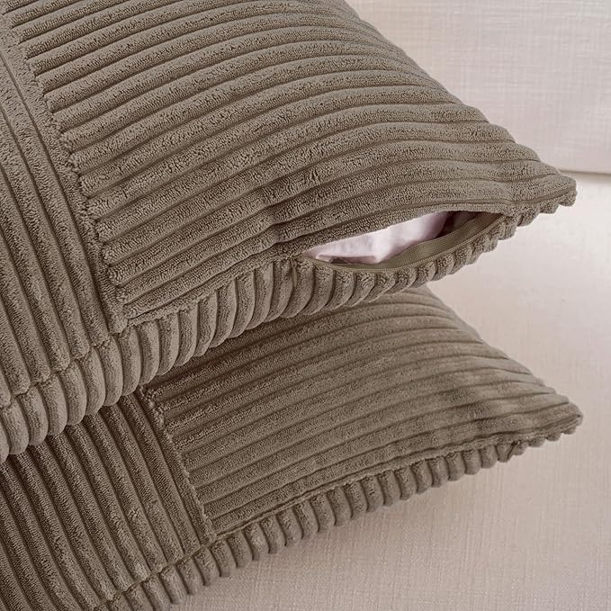 Fancy Homi Set of 2, Light Brown Patchwork Corduroy Decorative Soft Striped Modern Accent Cushion Case Farmhouse Boho Neutral Throw Pillow Covers for Chair Couch Bed Sofa Living Room 24x24 Inch