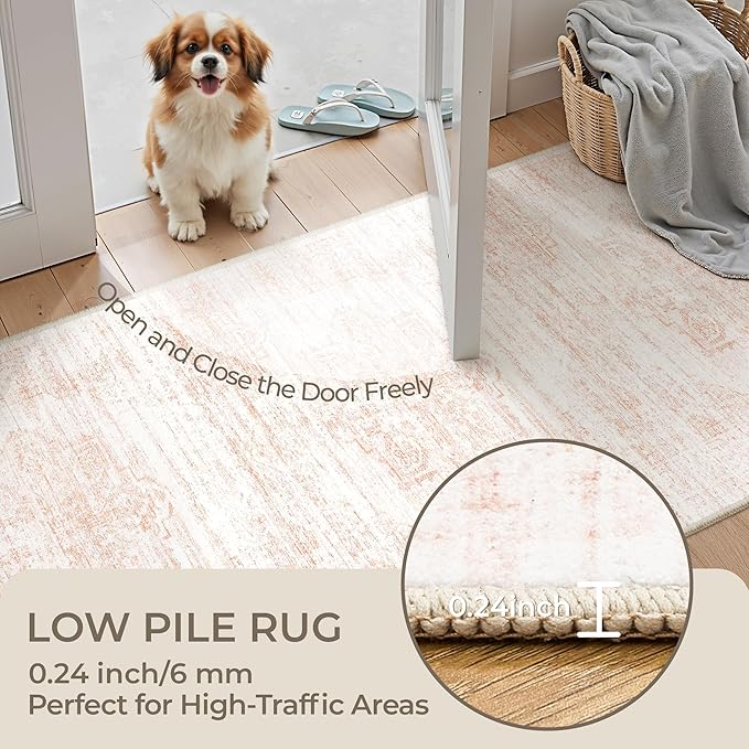 2x8 Runner Rug, Washable Runners for Hallways wirh Rubber Backing, Stain Resistant Kitchen Rug, Soft Thin Carpet Runner for Entrance, Bedroom, Living Room Indoor(2'x8', Pink/White)