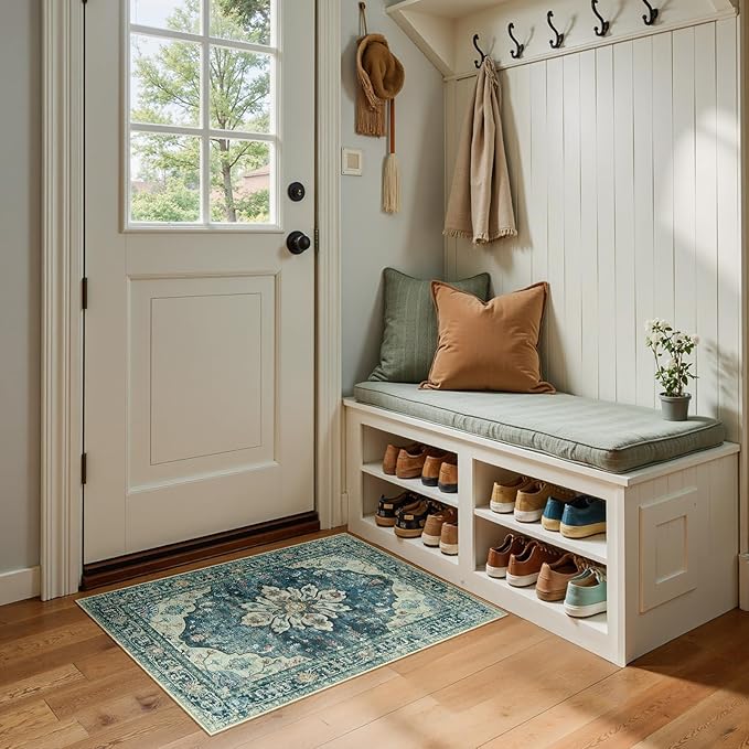 Area Rugs 2'x3' Kitchen Rugs Entry Rug Small Rugs for Entryway Kitchen Bathroom Door Mat Indoor Entrance,Washable Non Slip, Dark Blue Vintage