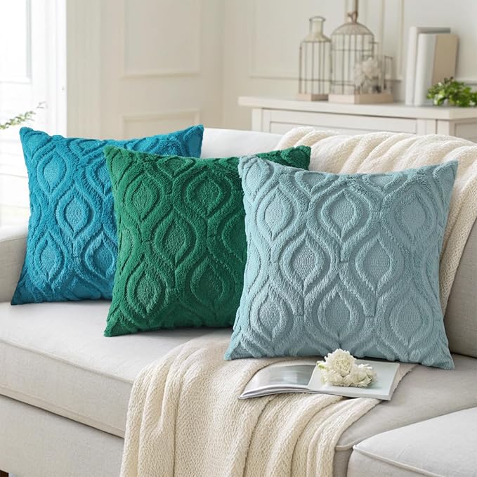decorUhome Summer Throw Pillow Covers 16x16 Inch Set of 2, Soft Plush Faux Wool Teal Solid Couch Pillow Covers, Accent Farmhouse Neutral Square Pillow Cases for Sofa Bed Living Room