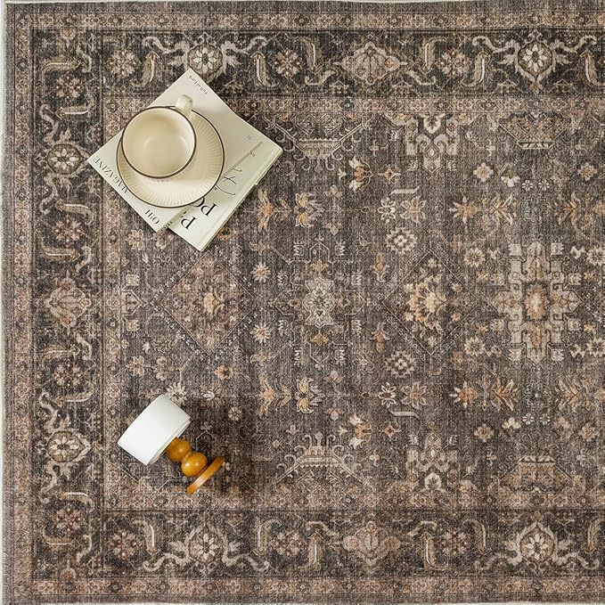 5x7 Washable Area Rug for Living Room Bedroom Vintage Brown Soft Low Pile Carpet Traditional Retro Non Slip Throw Rug for Dining Room Entryway Indoor Dorm Kitchen