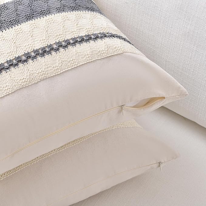 Fancy Homi Set of 1 Neutral Grey Farmhouse Long Lumbar Decorative Throw Pillow Covers 12x24 Inch for Couch Bed Chair, Vintage Country Rustic Retro Room Decor, Soft Thick Cotton Rectangle Cushion Case