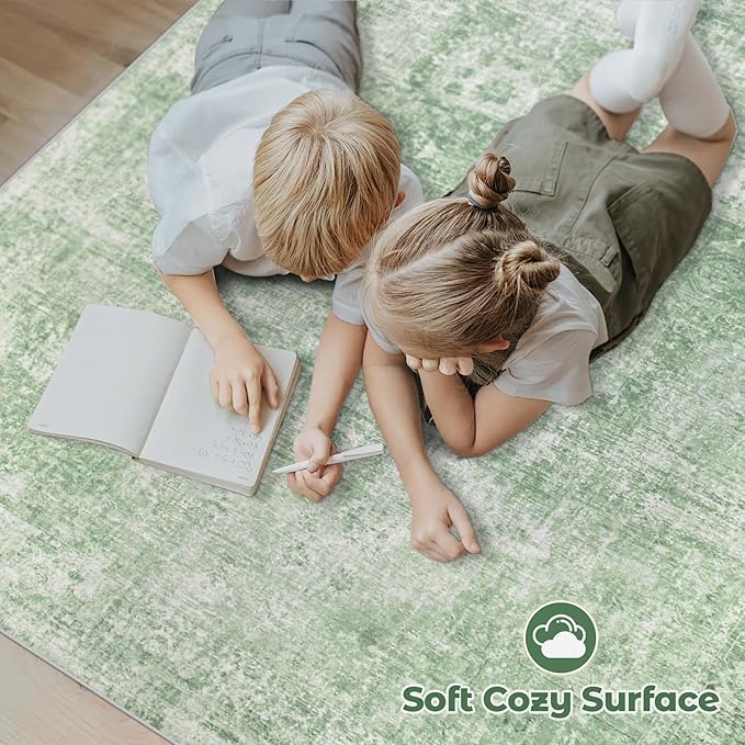 Area Rug 6x9 Washable Rug, Vintage Boho Medallion Rugs Non-Slip Soft Low Pile Large Distressed Rug Indoor Retro Carpet for Living Room Bedroom Dining Room Home Office (SageGreen, 6'x9')