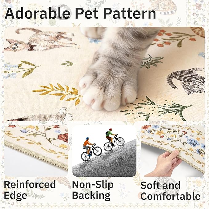 Cat 3x5 Area Rugs for Entryway, Machine Washable Animal Floral Accent Rug Non-Slip Low Pile Soft Throw Rugs for Kitchen Bedside Living Room Bedroom Kids Room (3 x 5,Beige)