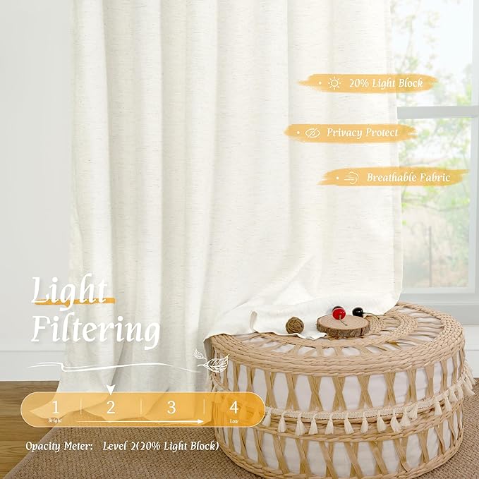 LAMIT Faux Linen 63 Inch Curtains for Bedroom, Ivory Rod Pocket Linen Drapes Light Filtering Semi Sheer Privacy Curtains for Small Window/Living Room, 2 Panels (42 x 63 Inch, Natural)