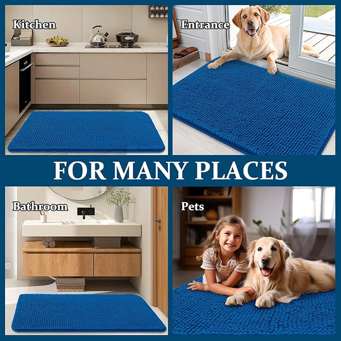 OLANLY Dog Door Mat for Muddy Paws 45x27, Absorbs Moisture and Dirt, Absorbent Non-Slip Washable Doormat, Quick Dry Chenille Mud Mat, Entry Indoor Entryway Carpet for Inside Floor, Deep Navy Blue