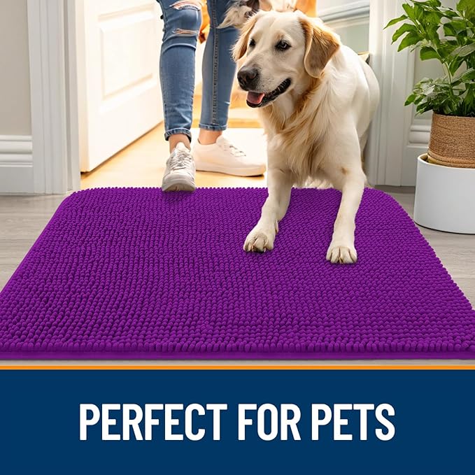 OLANLY Dog Door Mat for Muddy Paws 45x27, Absorbs Moisture and Dirt, Absorbent Non-Slip Washable Doormat, Quick Dry Chenille Mud Mat for Dogs, Entry Indoor Entryway Carpet for Inside Floor, Purple