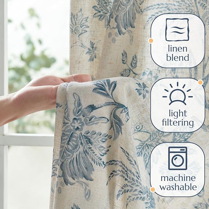 jinchan Linen Floral Curtains for Living Room with Printed Flower 90 Inches Long Light Filtering French Country Back Tab Rod Pocket Blue Window Curtain Set Farmhouse Drapes 2 Panels Blue