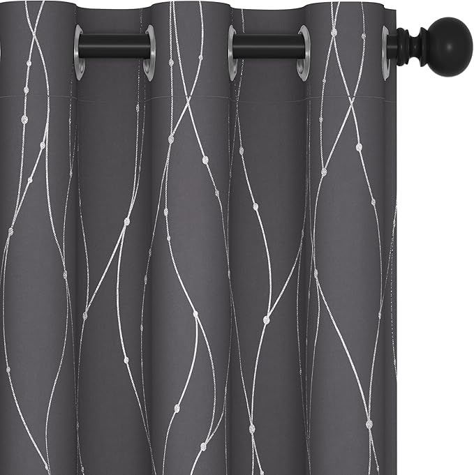 Deconovo Grey Blackout Curtains for Bedroom, Thermal Insulated Soundproof Drapes, Wave Dots Foil Print, 42 x 63 Inches Long, 2 Panels, Machine‑Washable Privacy Window Panel for Living Room Kitchen