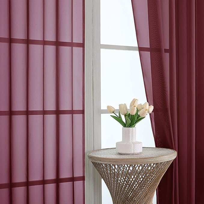OVZME Burgundy Bedroom Curtains 96 Length for Farmhouse, 59 Inch Extra Wide Light Filtering Voile Drapes Light Airy Window Decor for Patio Door Living Room Bedroom Dining, 59Wx96L Inches