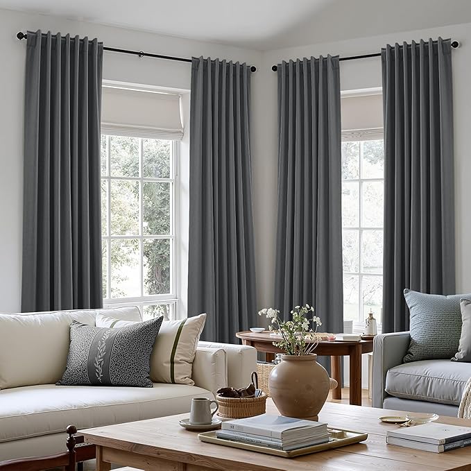 Guken Blazer Grey 100% Blackout Linen Curtains 120 Inch Length 2 Panels Set for Living Room Bedroom Back Tab/Rod Pocket Thermal Insulated Farmhouse Black Out Drapes Room Darkening,52x120