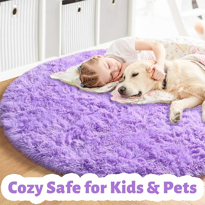 Amdrebio Purple Round Circle Rugs 6Ft for Girls Bedroom Decor Aesthetic, Large Fluffy Fuzzy Area Rugs for Kids Room, Soft Cute Furry Plush Shaggy Lavender Carpet for Living Room, Baby Nursery, Dorm