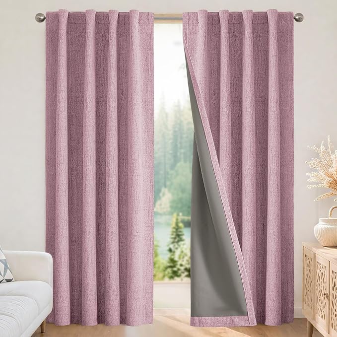 Joydeco Blackout Curtains for Bedroom - 100% Light Blocking 2 Panels Set Pink Drapes 37" W x 84" L, Thermal Insulated Room Darkening Curtains, Linen Textured for Living Room, Rod Pocket & Back Tabs