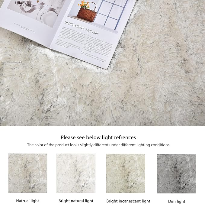 ORINOVA White and Grey Faux Shaggy Fur Rug for Living Room Plush Washable Sheepskin Fur Area Rugs 3x5 Nursery Rug