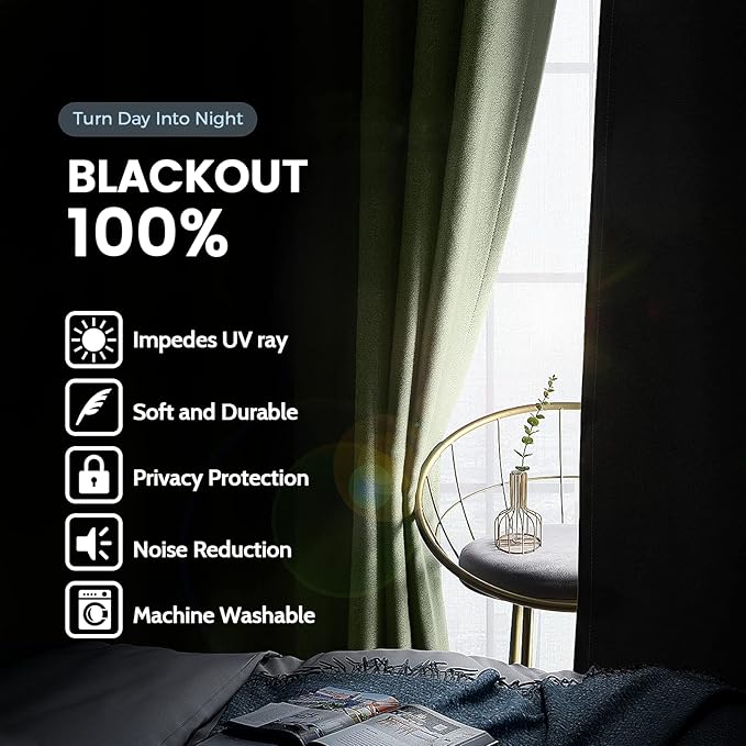 SimpleHome 100% Blackout Curtains for Bedroom,Thermal Insulated Sage Grommet Window Drapes Room Darkening Curtains for Living Room with Black Back,52 x 45 Inch,2 Panels