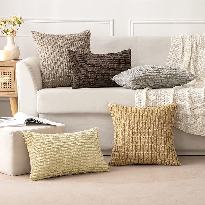 MIULEE Pack of 2 Corduroy Decorative Throw Pillow Covers 18x18 Inch Soft Boho Striped Pillow Covers Modern Farmhouse Home Decor for Sofa Living Room Couch Bed Dark Brown