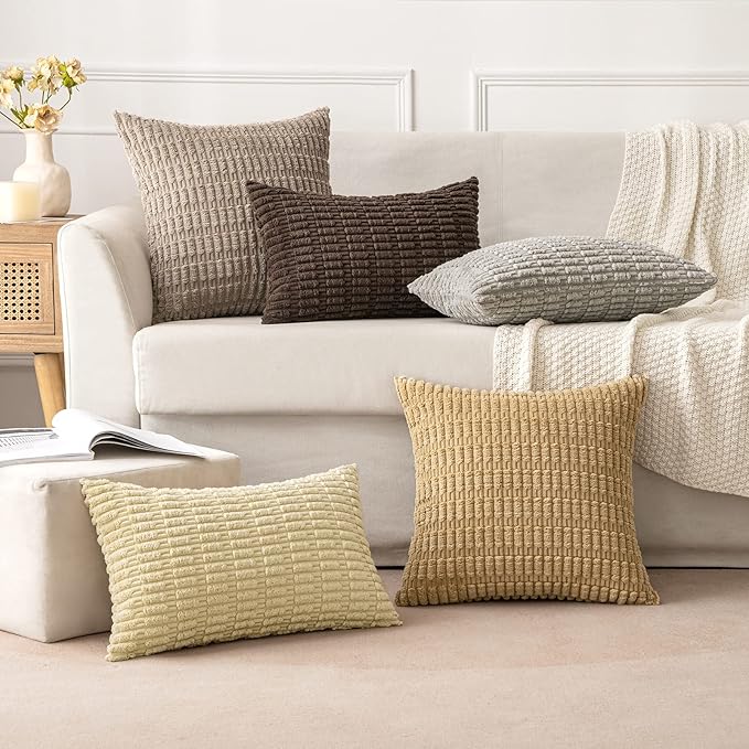 MIULEE Pack of 2 Corduroy Decorative Euro Sham Throw Pillow Covers 24x24 Inch Soft Boho Striped Pillow Covers Modern Farmhouse Home Decor for Sofa Living Room Couch Bed Beige