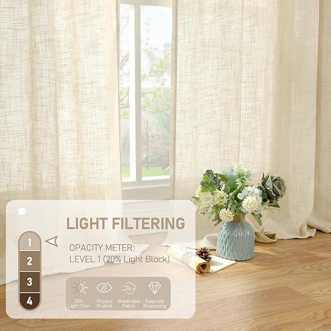 LAMIT Linen Curtains 63 Inch for Bedroom, Light Filtering Neutral Semi Sheer Window Curtains Back Tab and Rod Pocket Panels for Living Room, 2 Panels, Beige, 60 x 63 Inch