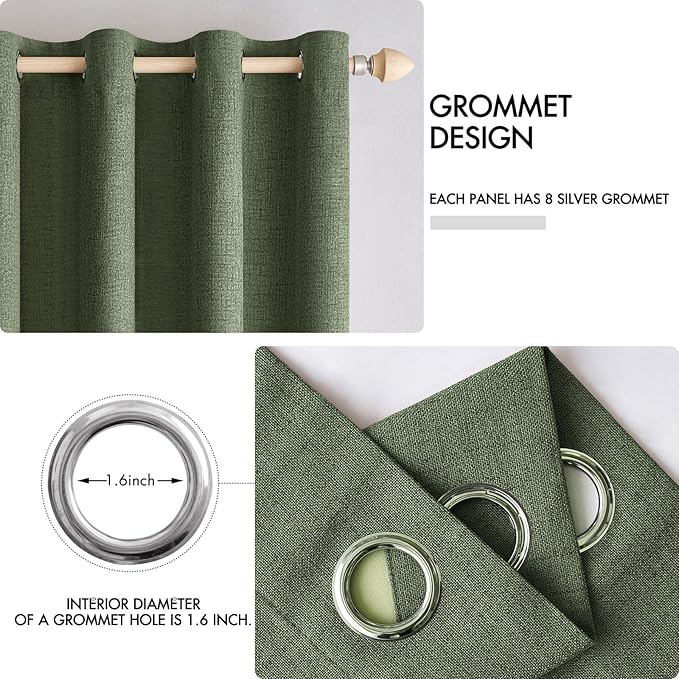 MIULEE 100% Blackout Linen Textured Curtains for Bedroom Solid Thermal Insulated Olive Green Grommet Room Darkening Curtains & Drapes Luxury Decor for Living Room Nursery 42 x 84 Inch (2 Panels)