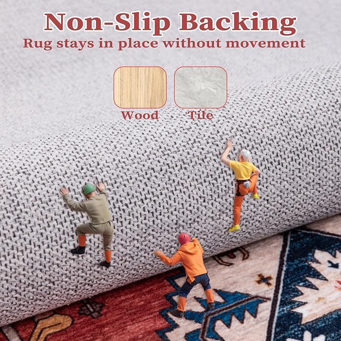 SERISSA Boho Round Area Rug, 8ft Washable Non-Slip Circle Rug, Ultra Soft Large Oriental Vintage Rust Low-Pile Circular Carpet for Living Room Bedroom Dining Room Kids Room Office College Dorm