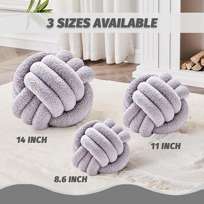 Uvvyui Knot Pillow Ball, Soft Home Decorative Pillows, Round Throw Pillow, Handmade Knotted Plush Pillow, Round Boucle Pillow Cushion (14 Inches Light Grey)