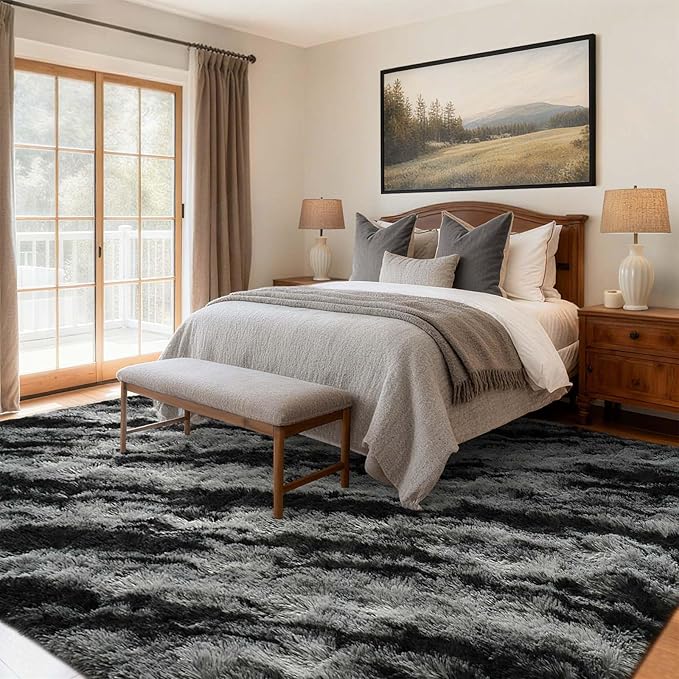 8x10 Ft Extra Large Shag Rugs for Living Room, Ultra Soft Fluffy Furry Area Rugs for Bedroom Indoor Floor, Aesthetic Carpet for Kids Home Decor (Black)