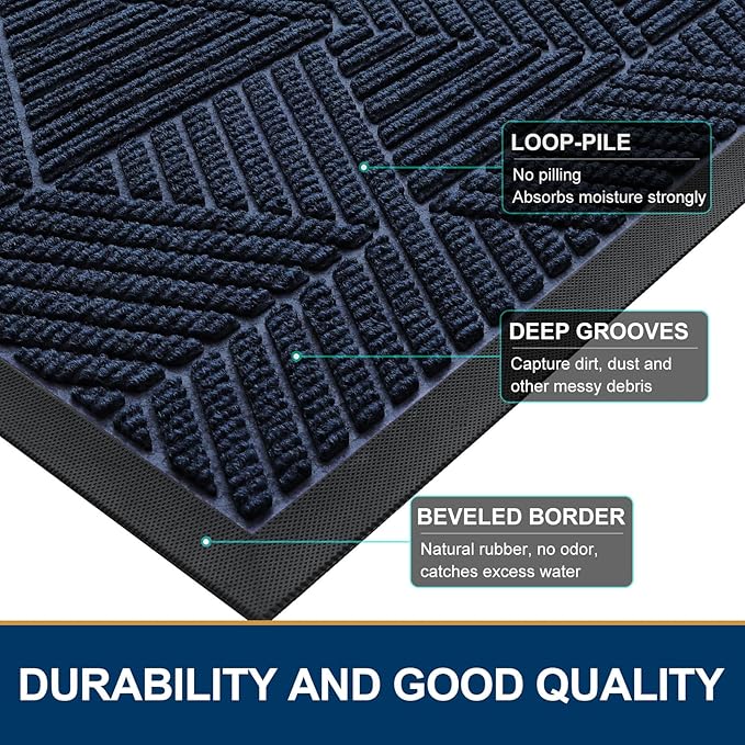 Smiry Front Door Mat Outside Entrance, Heavy Duty Sturdy Natural Rubber Doormat, Trap Dirt and Moisture, Easy Clean Low Profile Welcome Floor Mats for Indoor Outdoor Entry, 71x23 Inch, Navy Blue