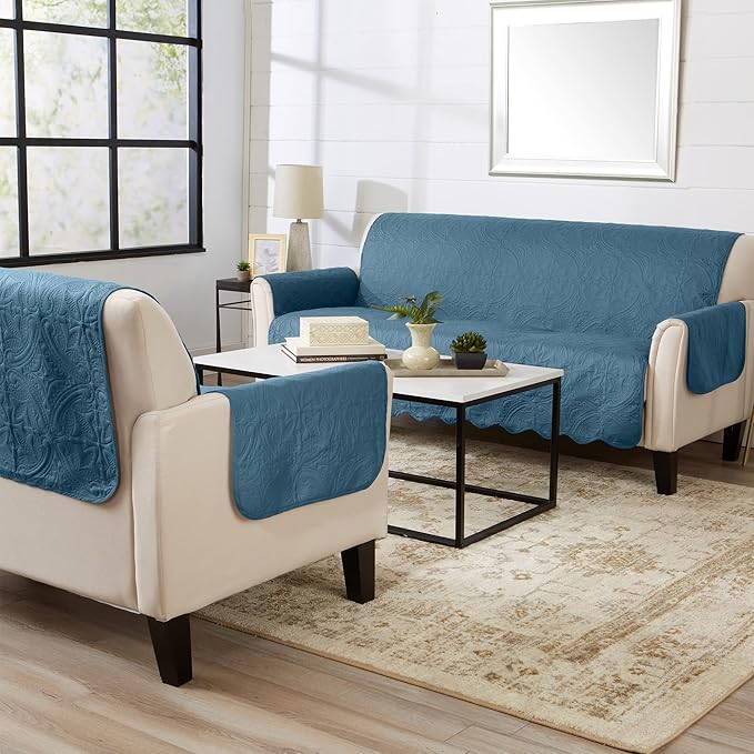 Great Bay Home Reversible Sofa Cover - Washable Slipcover Furniture Protector with Elastic Straps - Perfect for Kids & Pets - Quilted & Stitched Detail (Smoke Blue/Ivory)