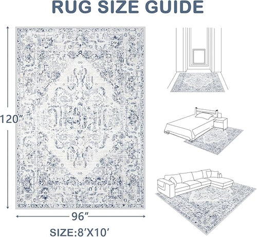 8x10 Area Rugs for Living Room: Washable Rug Vintage Large Rugs Soft Non Slip Low Pile Rug Floral Distressed Floor Carpet for Bedroom Kitchen Nursery Dining Room Home Office (Blue, 8'x10')