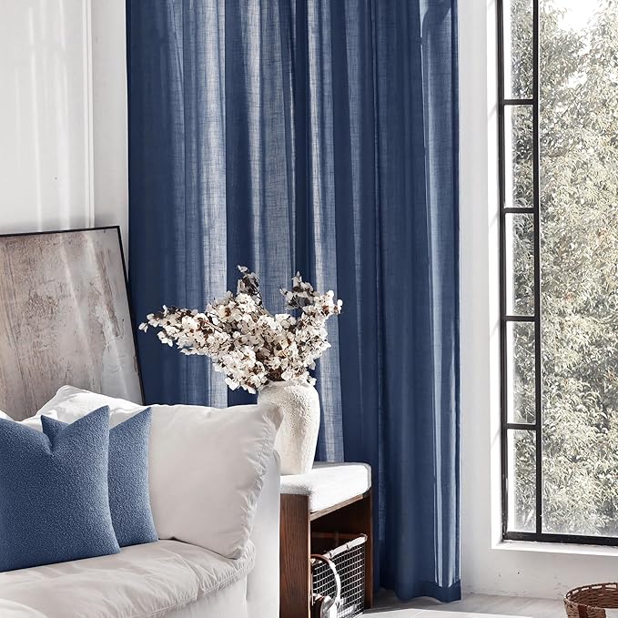 Navy Blue Curtains 92 inch Length for Bedroom Back Tab Light Filtering Semi Sheer Blue Living Room Curtains Linen Cotton Textured Indigo Blue Drapery Panel Modern Farmhouse Aesthetic Decor Dark Blue