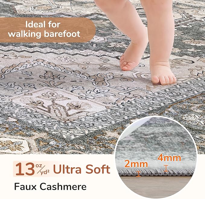 OPPODREAM Soft Area Rugs 3x5, Washable Rugs with Non Slip Backing, Low-Pile Throw 3x5 Carpet, Faux Cashmere 3 x 5 Carpet, Greenish Grey