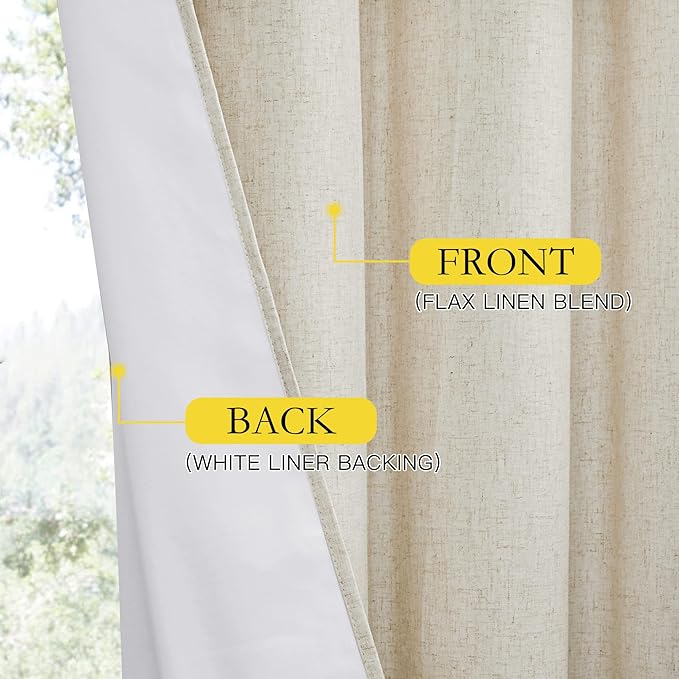 NICETOWN Natural Linen Complete Blackout Cold Reducing Curtains 48 inches for Kids Room, 2 Panels, Thermal Insulated & Noise Reducing Window Draperies with White Liner, Noise Reducing Short Drapes