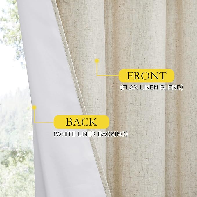 NICETOWN Farmhouse Style Keep Warm Large Window Draperies 108 inches Length with Thermal Insulated Liners, 2 Panels, 62" W, Full Blackout Natural Linen Curtains for Sliding Glass Door
