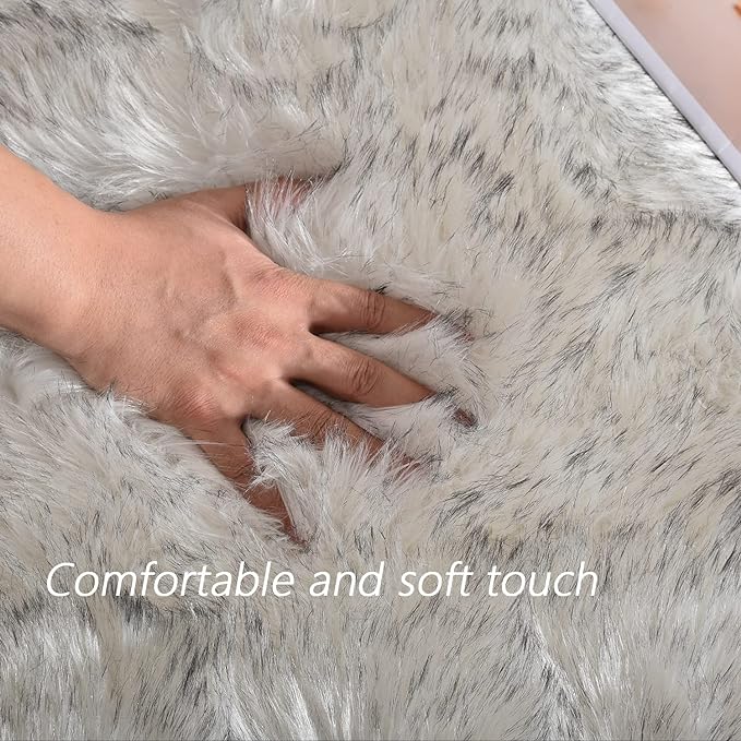 Latepis White with Grey Tips Round Rugs 5ft Washable Faux Sheepskin Fur Rug Fluffy Area Furry Rug for Living Room Bedroom Room Decor