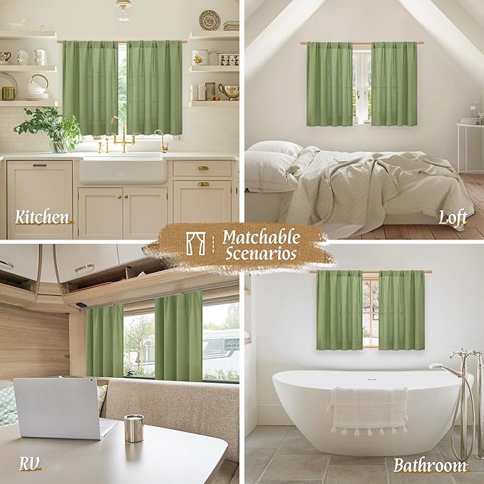 LAMIT Green Linen Curtains for Small Windows, 45 Inches Long Light Filtering Panels Rod Pocket Neutral Privacy Drapes for Window/Bedroom, 2 Panels, 42 x 45 Inch