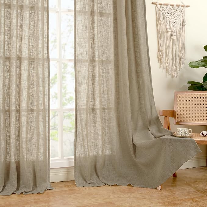 LAMIT Semi Sheer Linen Curtains 36 Inch Length for Cafe, Light Filtering Panels Back Tab and Rod Pocket Neutral Drapes for Bathroom/Kitchen/Loft Room, 25 x 36 Inch, 2 Panels