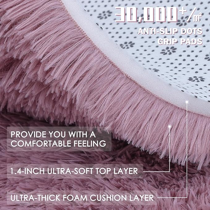 OLANLY Blush Round Rugs for Bedroom - Machine Washable, 5 ft Circle Area Rugs for Living Room, Soft and Fluffy Shaggy Carpet for Teen Girls and Boys, Nursery Rooms, Dorms, Home Decor Aesthetic