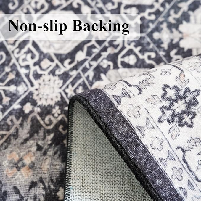 Washable 4x12 Hallway Runner Rug: Vintage Soft Carpet for Living Room Bedroom Stain Resistant Area Rug with Non-Slip Backing for Entryway Kitchen Thin Floor Mat for Bathroom Dining Room(Black,4x12)