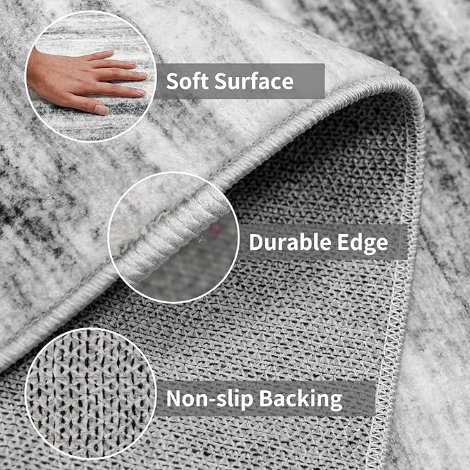 3x9 Washable Runner Rug for Family: Easy-to-Clean Runners for Hallway Entryway Kitchen Bedroom - Stain and Water Resistant Rugs with Non-Slip Backing - Soft Low-Pile Carpet Grey