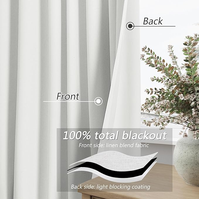 Guken White 100% Blackout Linen Curtains 52 Inch Wide by 124 Inch for Living Room Bedroom Back Tab Thermal Insulated Black Out Linen 2 Drapes Room Darkening Window Curtains