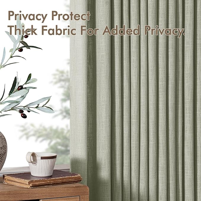 MIULEE Pinch Pleated Thick Linen Curtains 96 Inches Long 2 Panels for Living Room Bedroom, Memory Trained Pleat Drapes Light Filtering Sage Green Semi Sheer Window Curtains Hooks Rings Back Tab