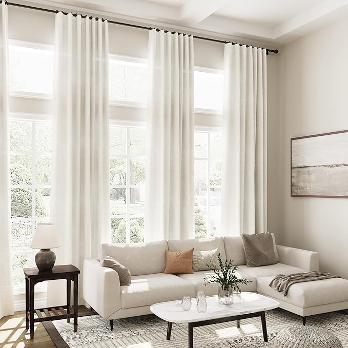 Cream Linen Curtains 117 Inches Long for Living Room Extra Long Back Tab Curtains Neutral Farmhouse Light Filtering Semi Sheer Linen Drapes Ceiling to Floor for Large Window 2 Panels Set 52x117