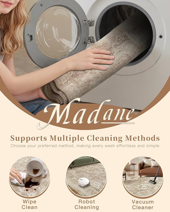 Madane Washable 6x9 Area Rugs for Living Room, Vintage Natural Rug with Non-Slip Backing, Soft Stain Resistant Throw Rugs Thin Carpet for Bedroom Dining Room Farmhouse (6 x 9, Beige/Brown)